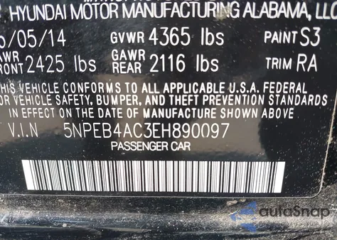 2014 Hyundai Sonata Gls из США, поврежденный, VIN 5NPEB4AC3EH890097